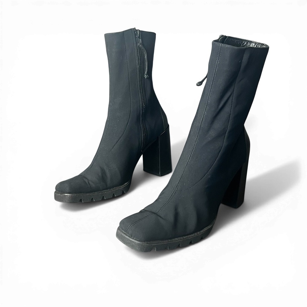 Donald J Pliner Women Stretch Ankle Boots Block Heel Lug Sole Black Size 7 Y2K